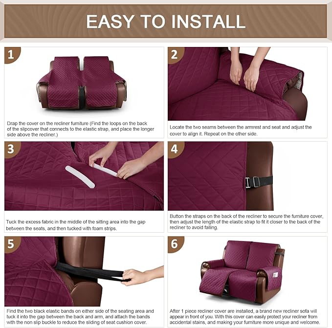 KinCam Waterproof Loveseat Recliner Cover, Non-Slip Reclining Couch Covers for 2 Seat, Recliner Sofa Cover Furniture Protector with Elastic Straps for Kids, Pets, Burgundy