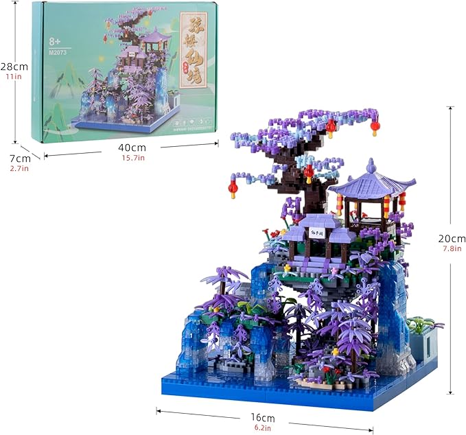 Peach Blossom Pond Building Blocks Set,Building Blocks Set Gifts for Adults and Kids, Micro Bricks Cherry Blossom Tree House Kit with LED Light and Display Box(2500+Pieces)