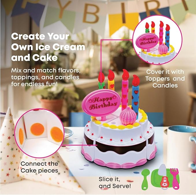 FUNERICA Play Food Goodies Set with Storage Box - Features Cutting Pizza, Ice Cream, Toy Birthday Cake, Fries, Dessert – Pretend Kitchen Toys for Toddlers, Boys, Girls