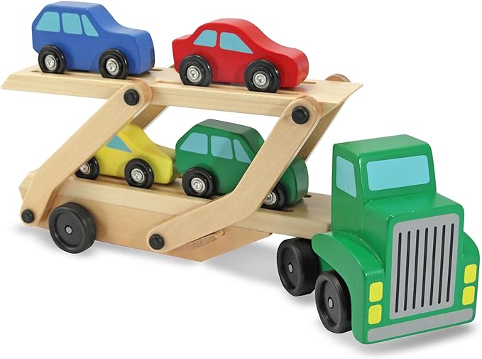 Melissa & Doug Car Carrier Truck and Cars Wooden Toy Set With 1 Truck and 4 Cars Wooden Vehicle Toys, Push And Go Trucks For Toddlers And Kids Ages 3+