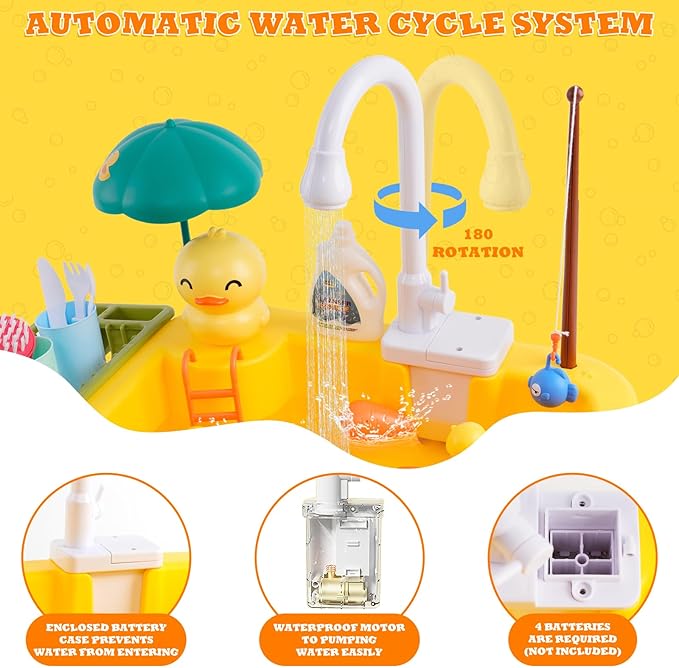 Play Sink with Running Water, Kitchen Sink Toys Play Kitchen Toy with Fake Food & Kitchenware, Pool Floating Fishing Toys for Water Play, Kids Role Play Dishwasher Toy (Duck Sink)