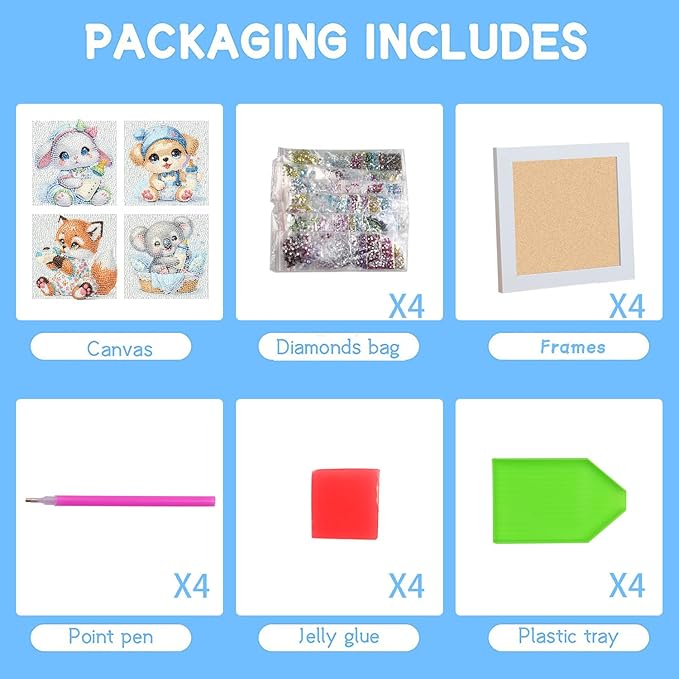 FQOVKYN 4 Pcs Baby Animals Diamond Art Kits for Kids, Cute Animals DIY Diamond Arts Mosaic Kits for Adults Beginner, Full Round Drill Diamond Art Painting for Home Wall Decor Kids Gift 6X6 inch