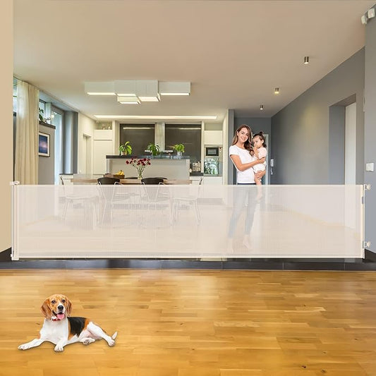 110 Inch Extra Wide Retractable Baby Gate for Large Openings Pet Gates for Dogs Indoor Retractable Baby Gates Outdoor Dog Gates for The House Extra Wide Baby Gate Large Dog Gate for Doorways, Beige