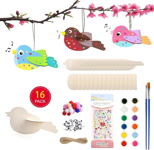 RONIAVL 16pcs 3D Bird Wind Chime Craft Kit for Kids with Paint Make Your Own Bird Wooden Crafts Summer Craft for Kids for Birthday Party Favors Outdoor Garden Patio DIY Arts and Crafts