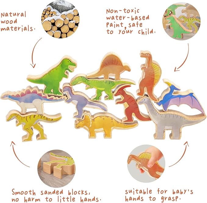 Xylolin Wooden Dinosaur Blocks Stacking and Balancing Toys, Toddler Wood Dinosaur Figures Blocks Imaginative Play, Preschool Educational Toys Gifts and Stack Balance Games for Kids