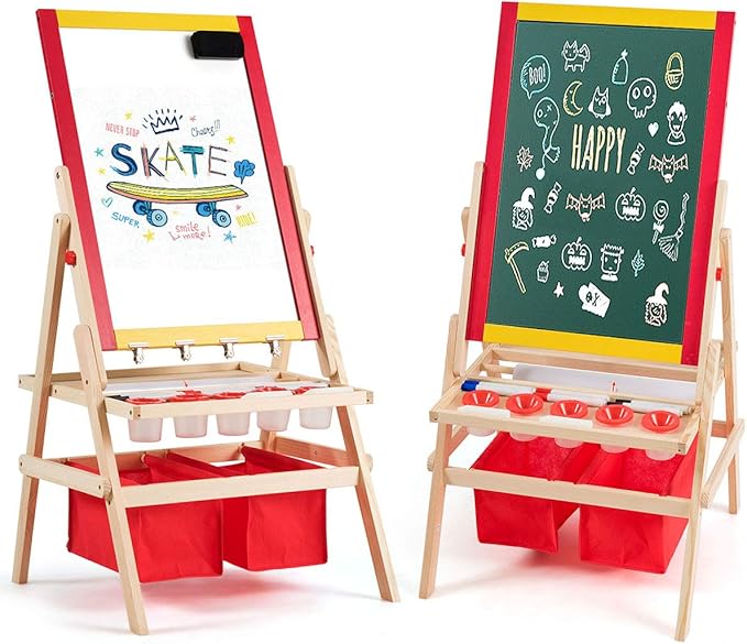 HONEY JOY Easel for Kids, Wooden Double-Sided Standing Toddler Easel w/Magnetic Chalkboard & White Board, Paper Roll, Painting Accessories, Magnetic Alphabet, Art Easel for Boys and Girls, Red