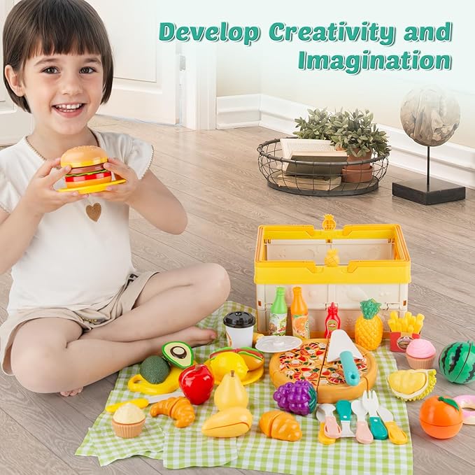 Play Food Sets for Kids Kitchen, Picnic Basket Toy Food Cutting Set with Cutlery and Blanket, Toddler Play Kitchen Accessories with Fruits, Juice, Fake Food with Pizza Toys for Boys Girls