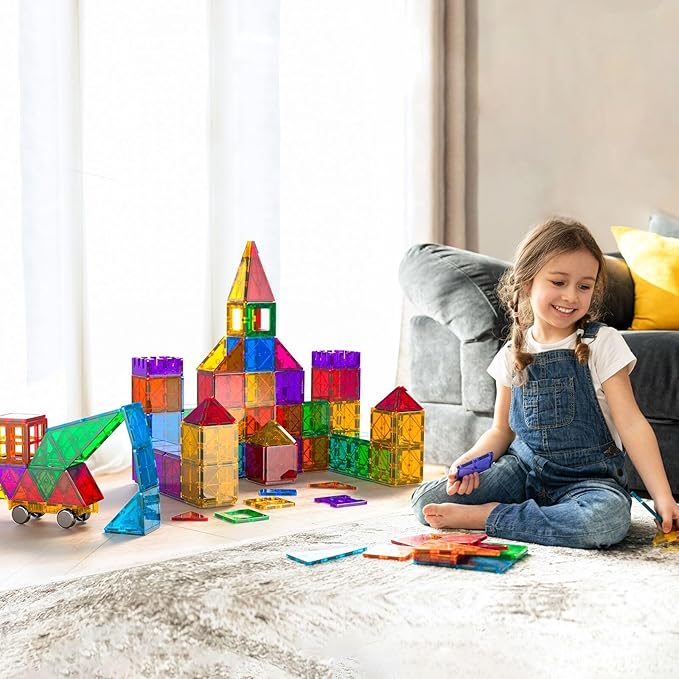 Bmag Magnetic Tiles, 100PCS Magnet Building Blocks for Kids, Stacking Building Set for Boys Girls, STEM Preschool Educational Learning Construction Toy with 2 Cars