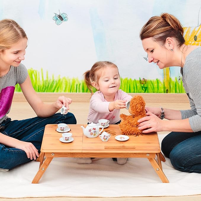 16 Piece Rose Flower Miniature Porcelain Ceramic Tea Set | Kids Toy Mini Pretend Play Kitchen Decorated Playset | Small Party Accessories Teapot, Cups, Sugar Bowl and Creamer