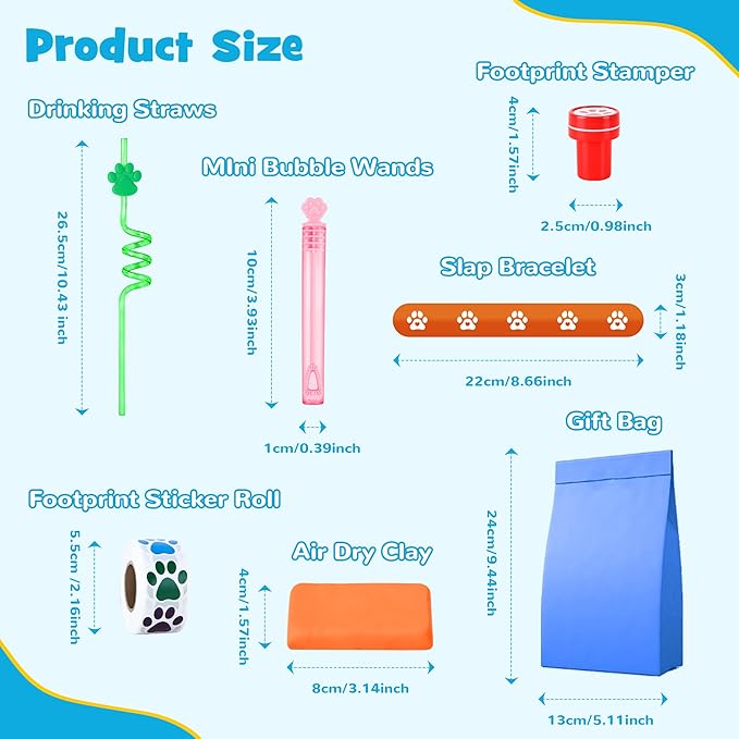Dog Paw Print Party Favors Set 73PCS Dog Paw Print Party Supplies include Paw Print Drinking Straw, Footprint Stamper, Air Dry Clay ,Slap Bracelet , Footprint Sticker Roll, Gift Bag for Kids