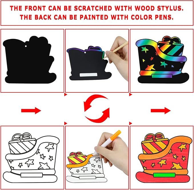 Max Fun Christmas Crafts Scratch Art for Kids, 96PCS Ornaments Rainbow Magic Color Scratch Off Cards Paper Hanging Art Craft Supplies Educational Toys Kit for Kid Party Favor