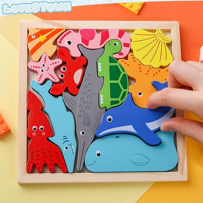 LovesTown 12PCS Wooden Stacking Puzzles, Educational Toys Sea Animal Chunky Jigsaw Puzzles for Kids