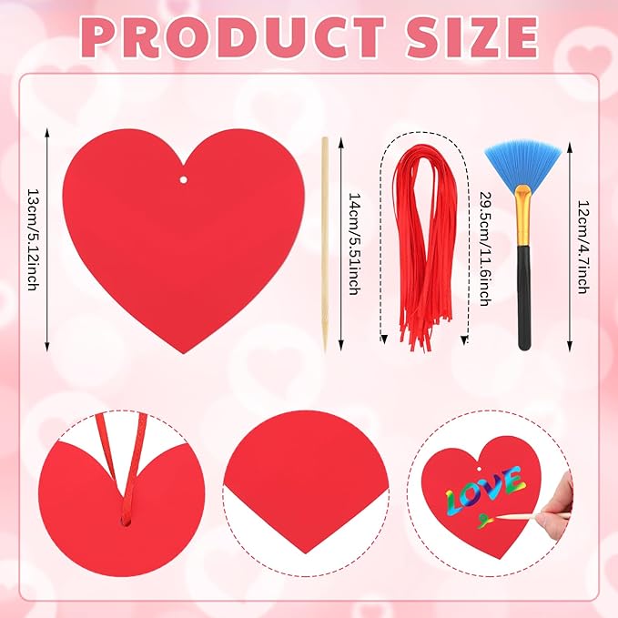 Liliful 60 Set Valentine's Day Craft for Kids Classroom Art Paper Scratch Off Valentine Cards Red Heart Shaped Magic Scratch Valentines Crafts for Kids Preschool