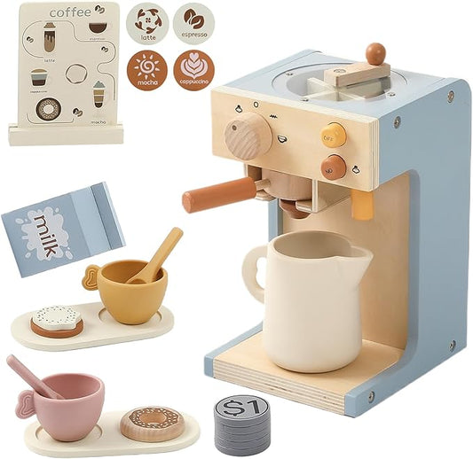 Kids Coffee Maker Playset Wooden Kitchen Toys for Toddlers - 15PCS Toy Coffee Maker Play Kitchen Accessories for Girls & Boys Pretend Play Kids Coffee Maker Toys - Ideal Gift