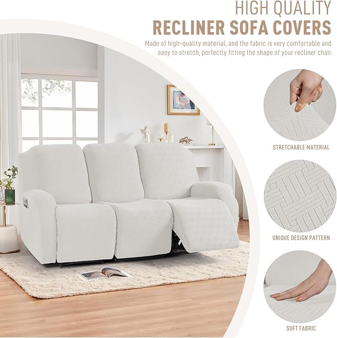 KinCam Recliner Covers, Stretch Reclining Chair Covers, Recliner Sofa Slipcovers Stripe Jacquard Recliner Couch Covers Furniture Protector Covers for Pet Kid (3 Seater, Cream)