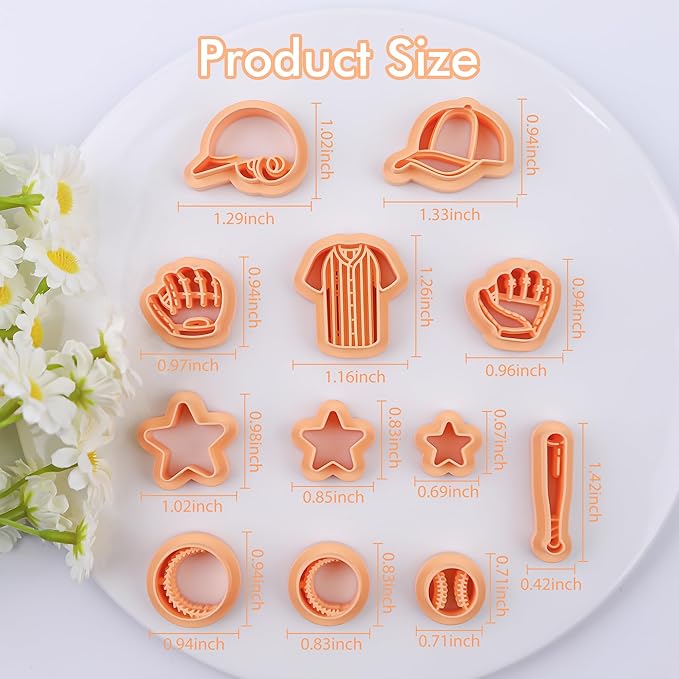 Puocaon Baseball Polymer Clay Cutters - 12 Pcs Sportswear Clay Cutters for Polymer Clay Jewelry, Star Baseball Cap Bat Clay Cutters for Earrings Making, Baseball Glove Polymer Clay Cutters for Earring
