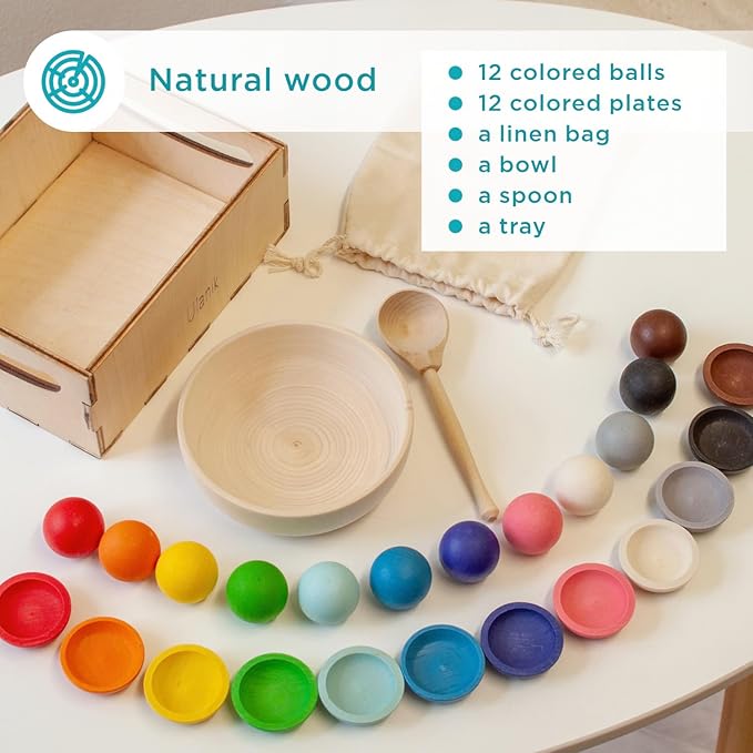 Ulanik Balls on Plates Toddler Montessori Toys for 1+ Year Old Kids Wooden Matching Game for Learning Color Sorting and Counting — 12 Balls, 1.18 in