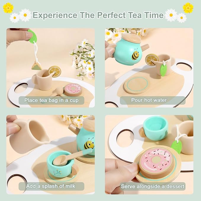 Wooden Tea Set for Toddlers Pretend Play Kitchen Accessories Little Girl Toys Tea Party Set with Wooden Toys for Afternoon Tea Pretend Play for Toddlers 3-5