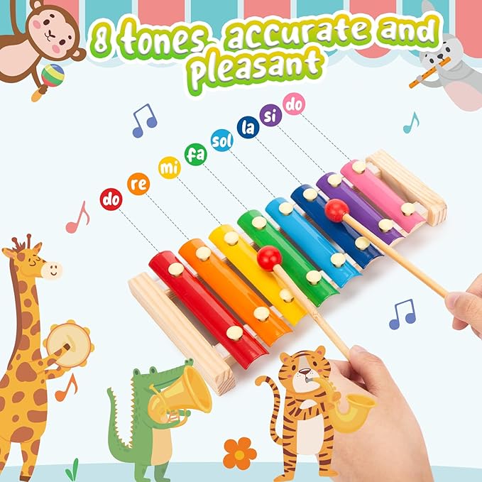 LovesTown Wooden Xylophone Musical Toy, 8 Rainbow Keys, 2 Mallets, Educational Instrument for Toddlers