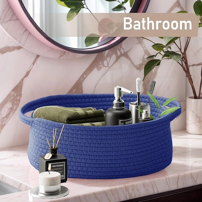 JMvicyroam Woven Basket,Small Rope Storage Bin with Handles & Ribbon Bag, Organizer for Shelves Closets,Gift Basket Empty for Birthday,Books,Dog Toys, Navy Blue/2 Pack
