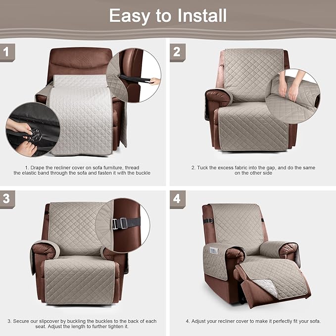 KinCam 100% Waterproof Recliner Chair Cover, Reclining Couch Covers for Pets, Dogs, Recliner Couch Slipcover Furniture Protector with Elastic Straps for Kids(23.6", Khaki)
