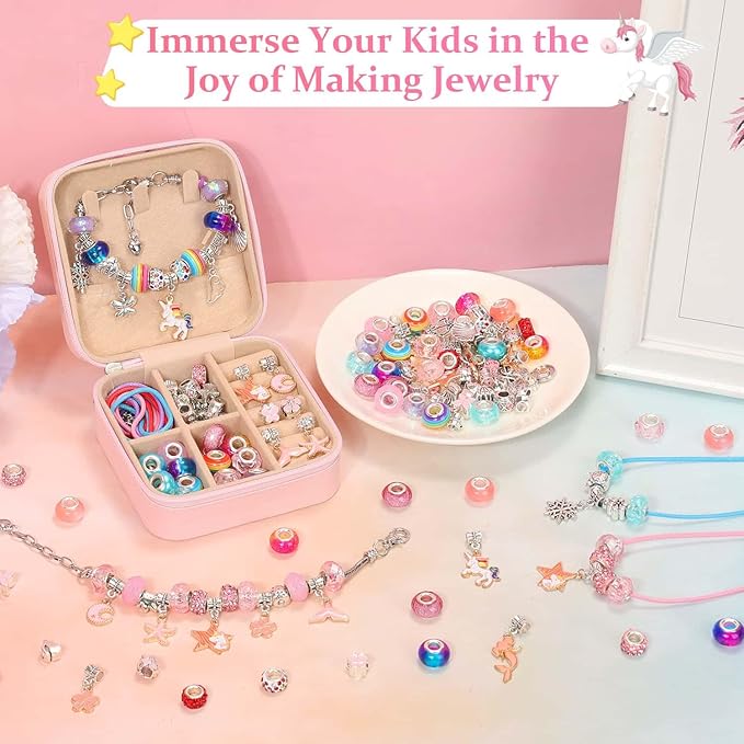 110 Charm Bracelet Making Kit, Jewelry Making Kit for Girls DIY Bead Necklace Kit with Initial Bracelet Box Unicorns Crafts Arts Girls Toys Age 8-12 Birthday Valentines Day Gifts for Kids - C