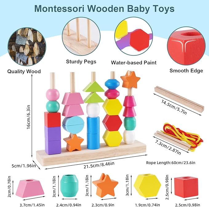 Toddler Montessori Toys Wooden Beads Sequencing Toy Set, Stacking Blocks, Matching Shapes, Lacing Beads, Shape Sorter Toys for 2 3 4 5 Year Old Boys Girls, STEM Preschool Learning Toys Gifts for Kids