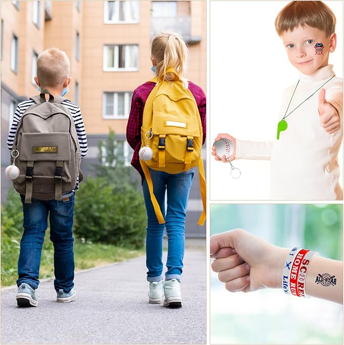 146 Pcs Baseball Party Favors, Sports Party Supplies with Cup Straw Baseballl Keychain Tattoo Sticker Slap Bracelet Whistle Treat Bag Gifts for Classroom Rewards Sports Birthday Party (Baseball)