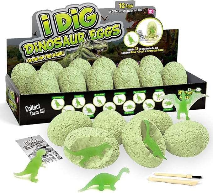 XXTOYS Luminous Dinosaur Eggs Dig Kit Glow-in-The-Dark Dinosaur Eggs 12 Dinosaur Excavation Kits with 12 Unique Dinosaur Toys Dinosaur Dig for Kids Archaeology Educational Science Gift