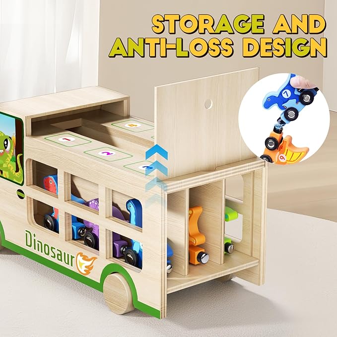 GJZZ Wooden Dinosaur Truck & 10 Magnetic Wooden Dinosaur Train Set | Montessori STEM Toys for Kids 2-5 Years | Toddler Learning Toys, Birthday Gifts for Boys and Girls