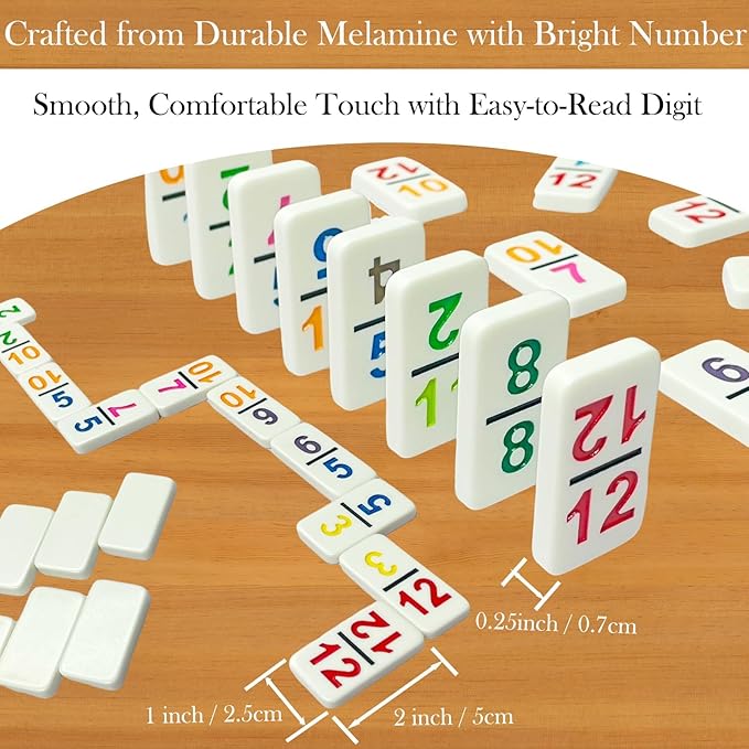 BATURU Double 12 Mexican Train Dominoes Set, Dominos Set for Adults - 91 Numer Tiles with Carry Case, Fun Board Games for Adults & Family Game Night, Travel Games, Easter Basket Stuffers (6 Racks)