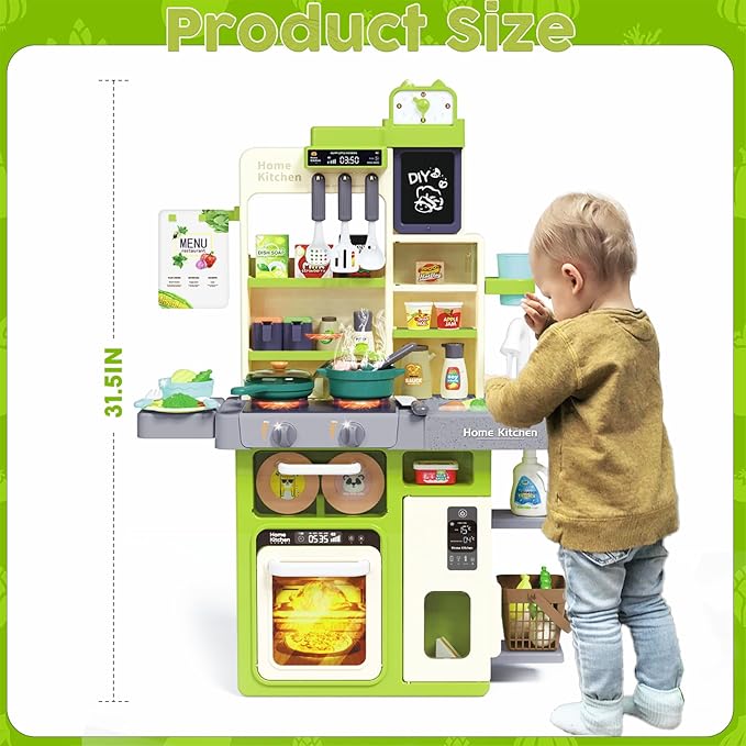 Kids Kitchen Playset, Pretend Kitchen Toys for Toddlers with 63 Pcs Toy Kitchen Accessories, Realistic Lights & Sounds, Spray, Play Sink, and Play Food - Kitchen Set for Girls Boys Aged 3 4 5+ (Green)