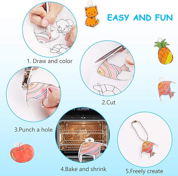 Shrink Plastic Sheet Kit, 166 Pcs Shrink Art Kit Include 10Pcs Shrink Film Paper and 8 Pcs Shrinky Art Paper with Pattern, Hole Punch, Keychains Accessories and Pencils for Kids Creative Craft