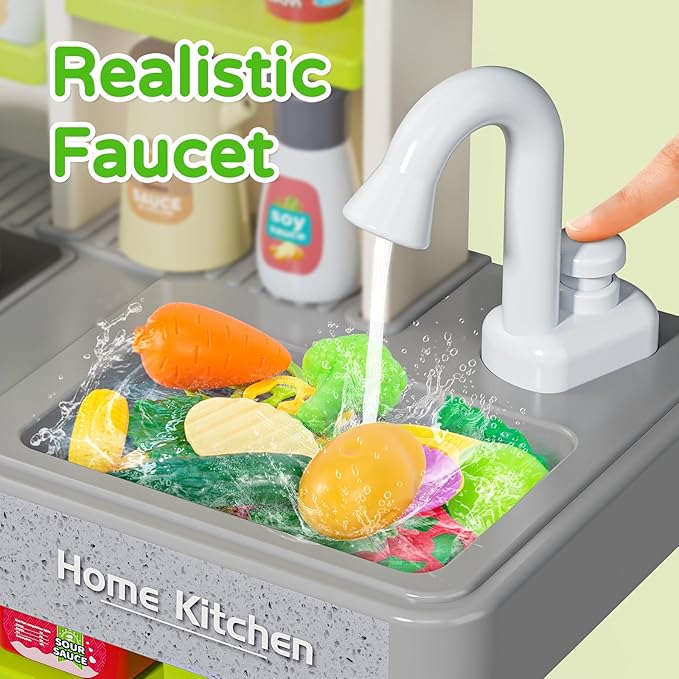 Letapapa Kids Pretend Play Kitchen Set, Kitchen Toys with Realistic Sound & Light, Cooking Stove, Sink, Play Food and Kitchen Accessories, Pretend Kitchen Playset Gifts for Toddlers Girls Boys