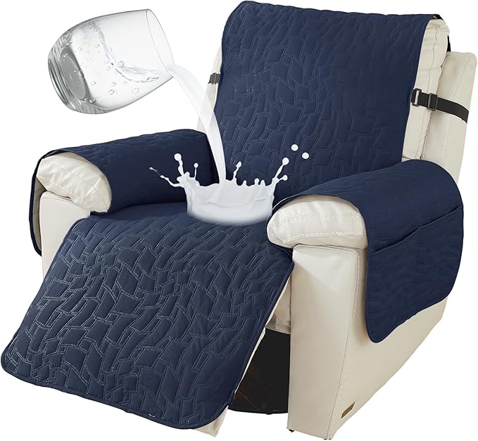 100% Waterproof Recliner Chair Covers for Reclining Chair, Large Recliner Covers That Stay in Place, Non-Slip Recliner Armchair Cover with Pockets for Kids, Pets, Dogs, Cat, Washable,Dark blue,28IN