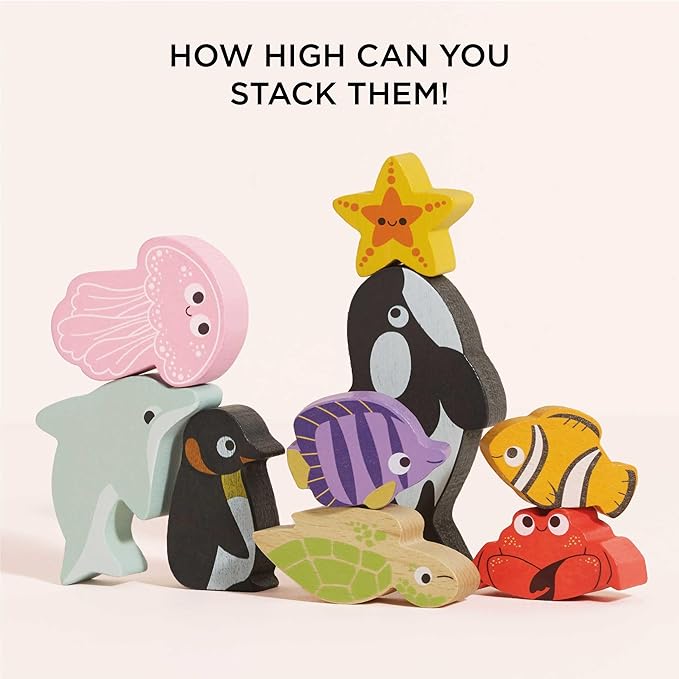 Le Toy Van - Wooden Toys - Petilou Baby & Toddler - Ocean Animal Building Blocks Stacker & Bag - Educational Balancing Activity Toy - Wooden Blocks Aquatic Animal Toys - Kids Toys Age 18 Months+