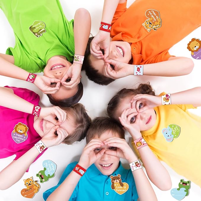 FOIMAS Valentine's Day Slap Bracelet Set,32pcs Animal Heart Snap Bracelet Wristband and 36pcs Gift Cards for Kids School Classroom Gift Exchange Party Favor Supply