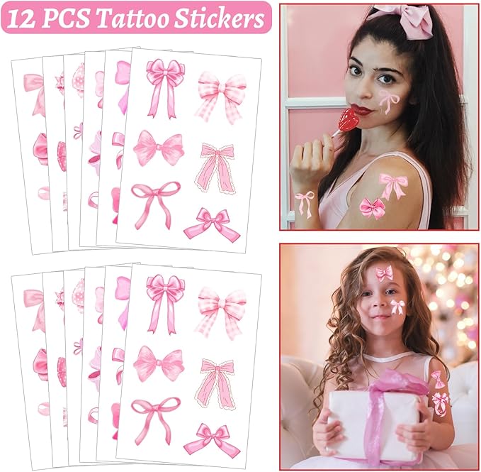 110 PCS Pink Coquette Bow Party Favors, Pink Coquette Bow Temporary Tattoos Slap Bracelets Stickers Keychains Badges Gift Bags for Bow Coquette Birthday Party Decorations Supplies for Kids Girls