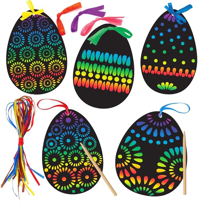Koogel Easter Egg Scratch Art Set, 36 PCS Rainbow Scratch Art Mini Notes with Colorful Ribbon and Wooden Stick Crafts for Kids Party Favor Easter Decor Tree Decor