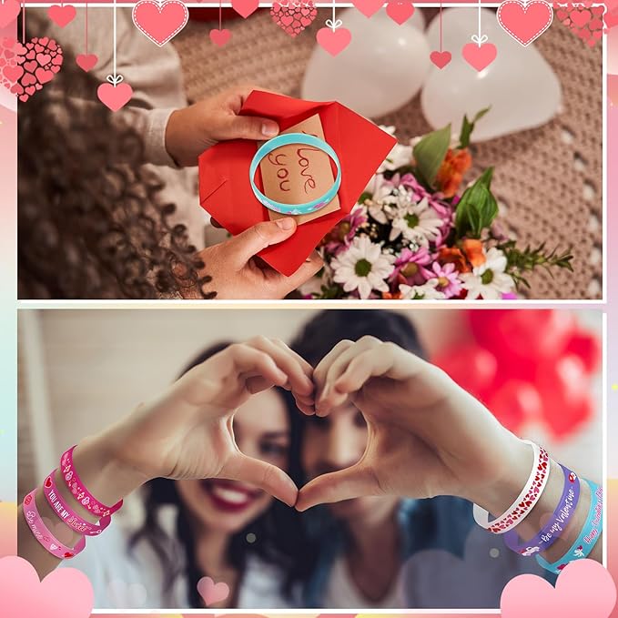 Wettarn 60 Pcs Valentines Day Party Favors Bracelets Happy Valentine's Day Silicone Wristbands Pink Red Love Heart Rubber Bracelets for Adults Party Supplies Classroom Festival Prizes Gifts