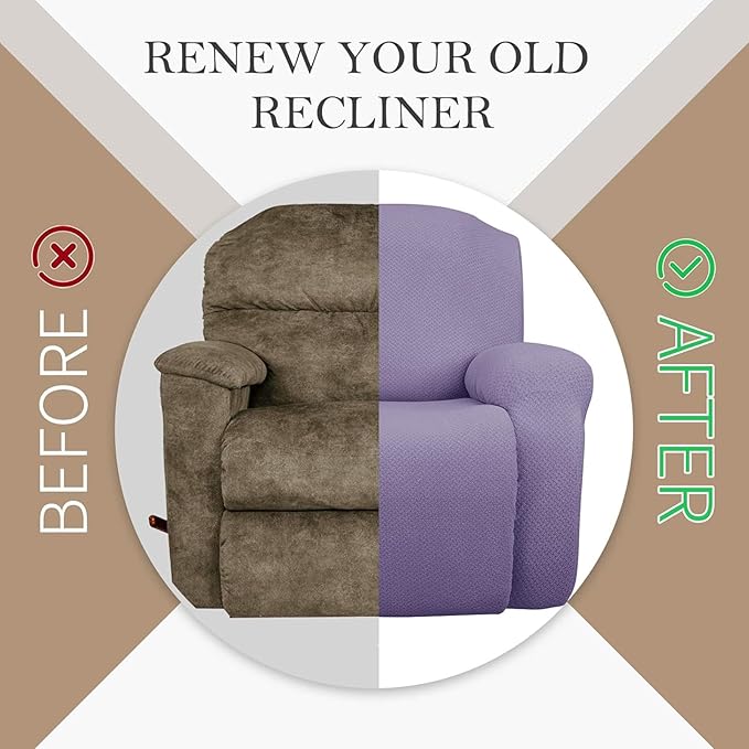 JIVINER 4-Piece Recliner Chair Covers Stretch Jacquard Covers for Recliner Chair Recliner Slipcovers for Living Room Soft Recliner Protector with Pocket (Recliner, Light Purple)