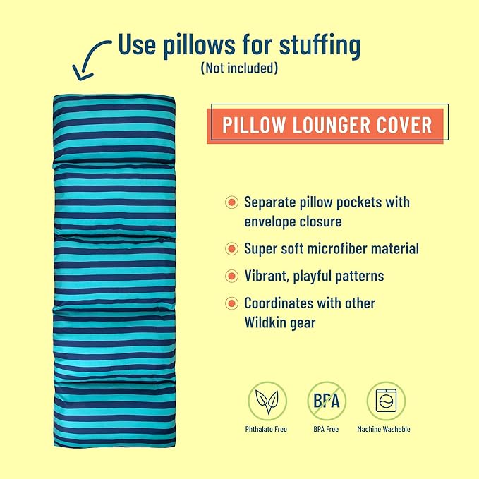 Wildkin Kids Microfiber Floor Lounger for Boys and Girls, Travel-Friendly and Perfect for Sleepovers Pillow Lounger for Kids Requires Standard Size Pillows Not Included (Blue Stripes)