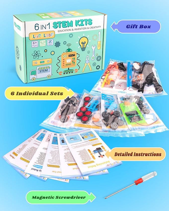 6-in-1 STEM Kit for Kids Ages 6-12, STEM Toys for Boys Ages 8-12, Robot Building Kit & Car Crafts for Kids, Science Activities Robotics Kits for 6 7 8 9 10 12 Year Old Boys Girl Birthday Gifts