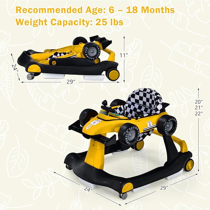 GLACER Foldable Baby Walker, 4-in-1 Infant Walker with Adjustable Height & Speed, Music, Light, Steering Wheel & Washable Cushion, Baby Walker Activity Center for Boys Girls 6 –18 Months (Yellow)