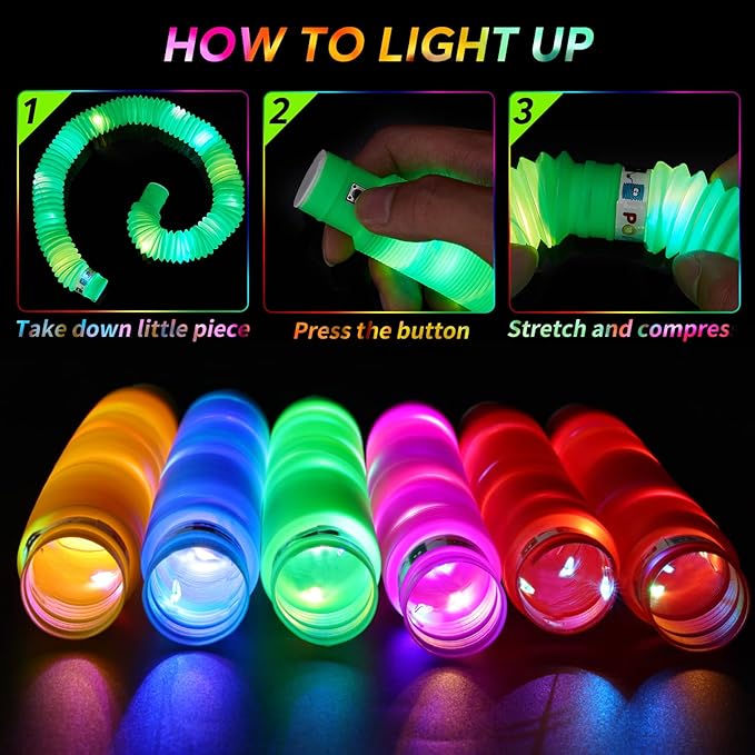 24 PCS LED Pop Tubes, Light Up Glow Tubes Glow in the Dark Party Supplies, Glow Sticks Sensory Toys Birthday Glow Party Favors for kids, Light Up Toys(24 PCS)