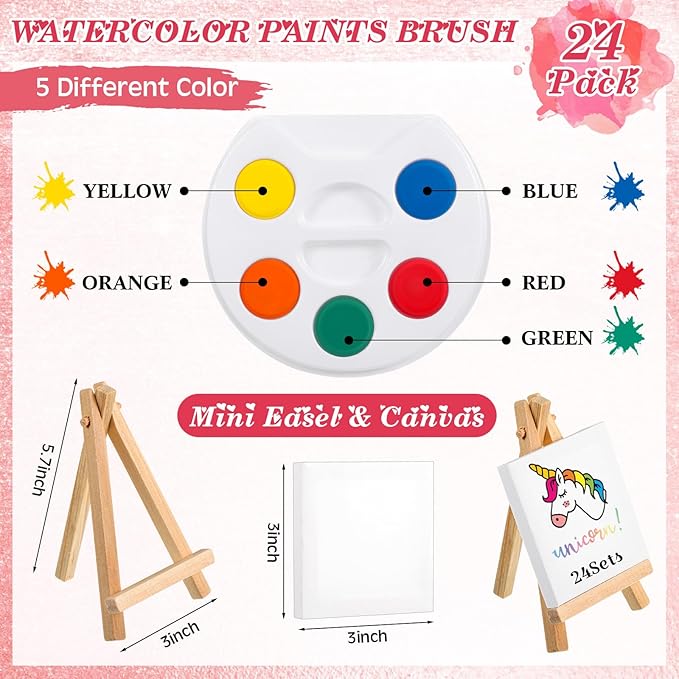 Sabary 24 Sets Valentines Day Gift for Kids, Valentines Gift Painting Cards Painting Canvas Panel with Wooden Easel Watercolor Paint Painting Brush Kit Packaging Bag for Class Gift Art Party