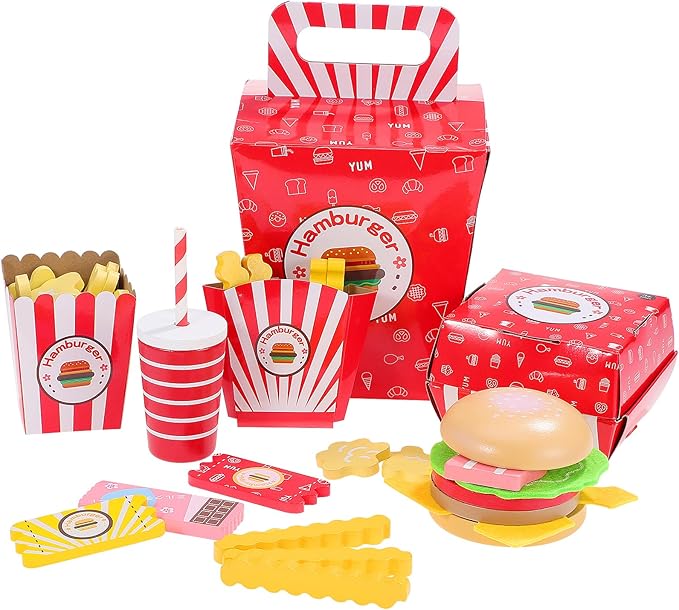 Vaguelly 1 Set Hamburger French Fries Combo Simulation Wooden Food Toys Wooden Kitchen Food Fake Food Wood Pretend Food Kitchen Play Food Happy Burgers Household Paper Bread Child