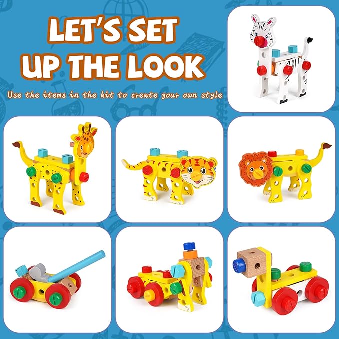 Wooden Kids Tool Set, Toddler Tool Kit with Wooden Toolbox,Construction Set for Kids,Educational DIY Construction STEM Toy, Animal Building Blocks Assembly, Preschool Learning Gift for Boys and Girls