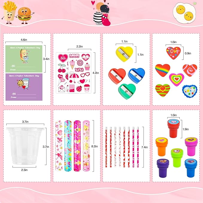 Valentines Day Gifts for Kids, 24 Packs Bulk Stationery Gift for School 192 Pcs Include Cards Pencil Cup Slap Bracelet Eraser Cup Stampers Valentine's Day Classroom Exchange Gifts Party Favors Toys