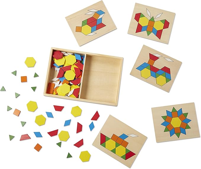 Melissa & Doug Pattern Blocks and Boards - Wooden Classic Toy With 120 Solid Wood Shapes and 5 Double-Sided Panels, Multi-colored - STEAM Animals, Tangrams Puzzle For Kids Ages 3+